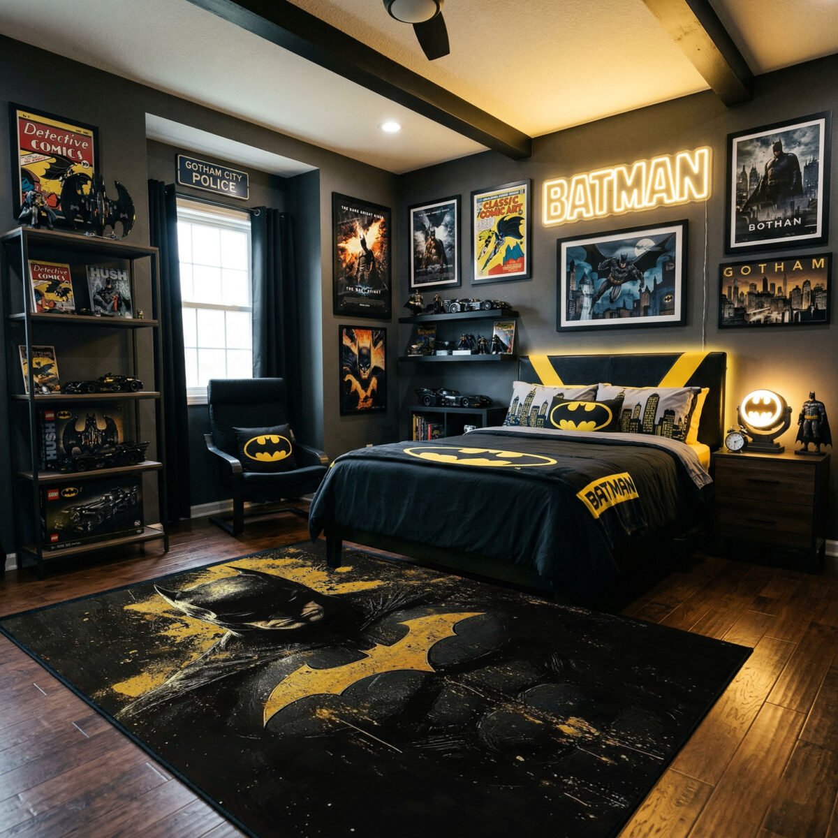 Batman Gold Splatter Area Rug - Urban Gritty Silhouette Design, Heroic Bedroom & Gaming Lair Decor for Fans, Soft Non-Slip Floor Mat - Image 3
