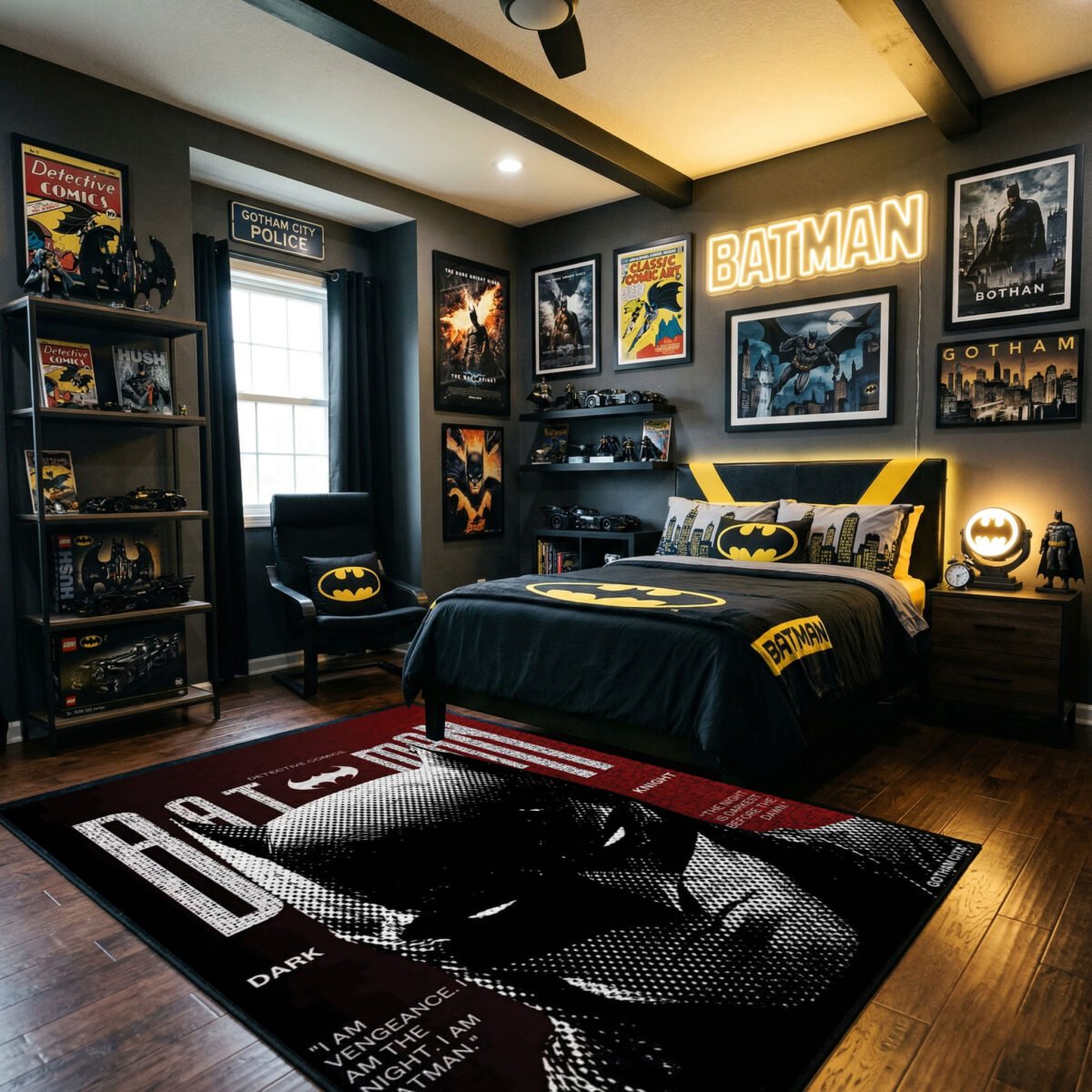 Batman Gritty Vengeance Quote Area Rug - Halftone Dark Knight Portrait, Cinematic Hero Decor for Bedroom, Gaming Sanctuary & Fan Lair - Image 3