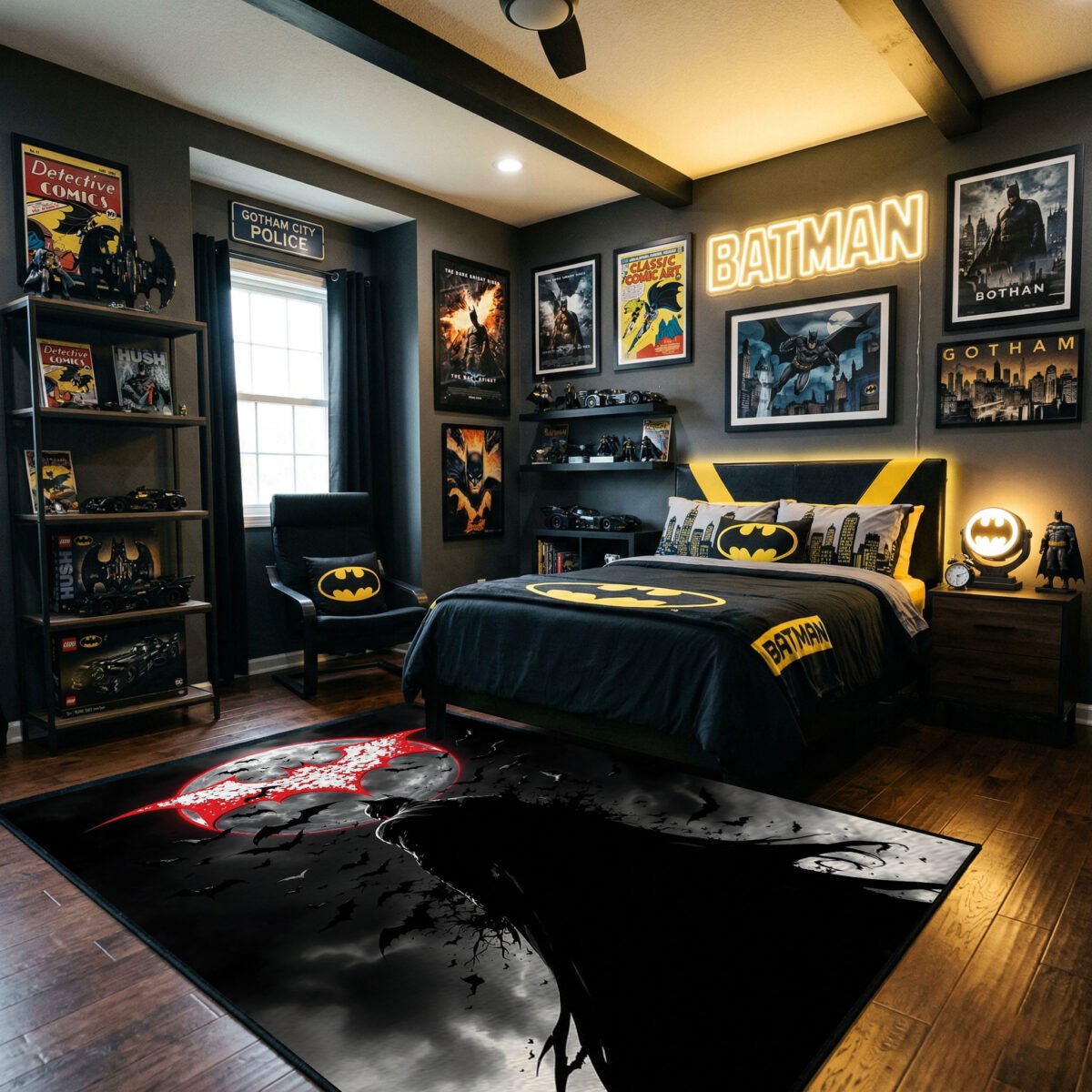Batman Blood Moon Area Rug - Red Bat-Signal & Swarm Silhouette Design, Cinematic Superhero Decor for Bedroom, Living Room & Gamer Cave - Image 2