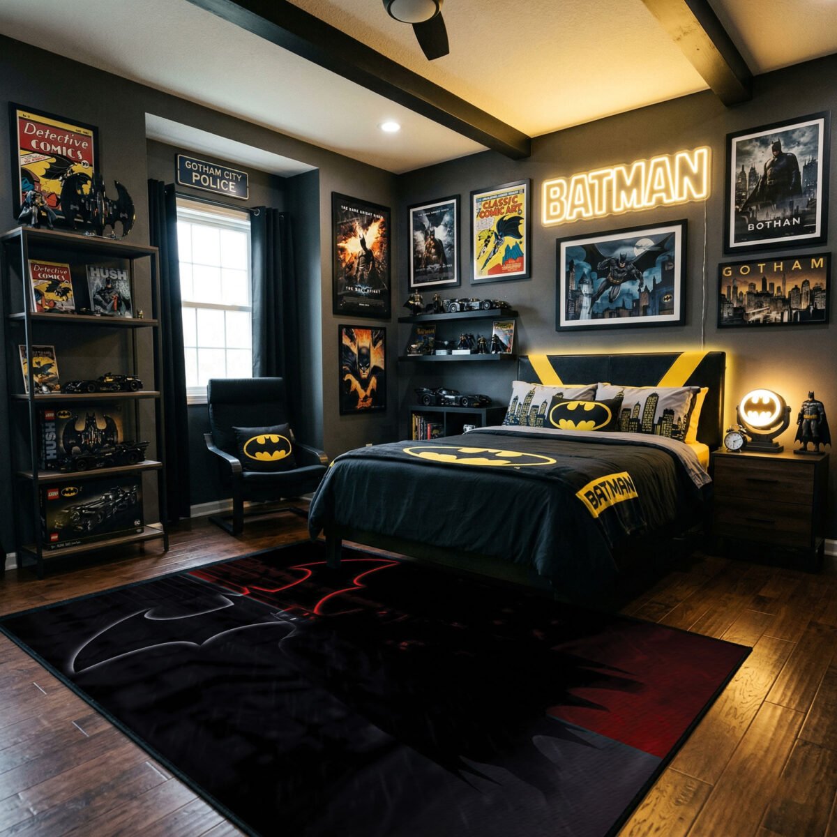 Batman Dark Noir Area Rug - Red Glow Bat-Signal & Silhouette Design, Heroic Bedroom & Gaming Cave Decor for Fans - Image 2
