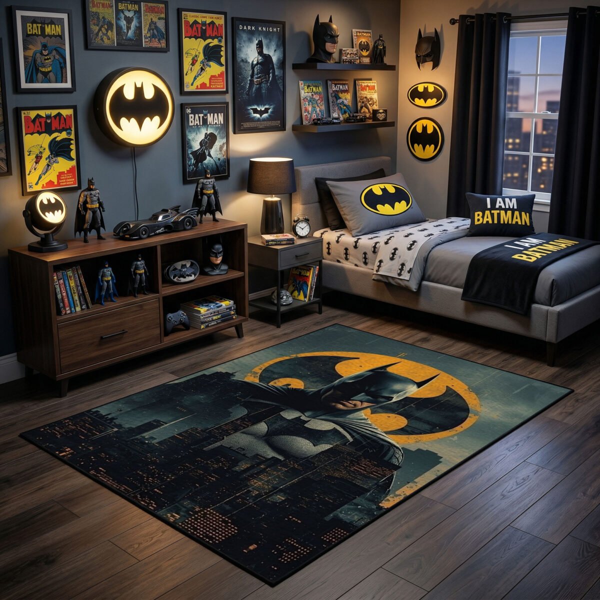 Batman Guardian of Gotham Area Rug - Bat-Signal City Skyline Design, Cinematic Hero Decor for Bedroom & Gaming Room - Image 2