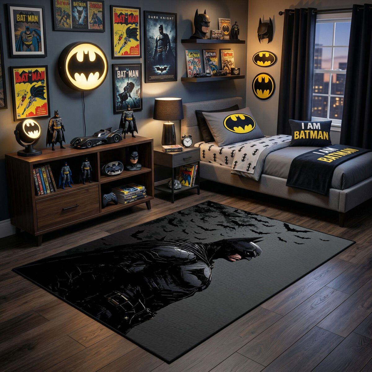 Batman Dark Knight Bat Swarm Area Rug - Gritty Silhouette Profile Design, Heroic Bedroom Playroom & Gaming Lair Decor for Fans - Image 2
