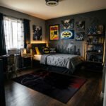 Batman Dark Noir Area Rug - Red Glow Bat-Signal & Silhouette Design, Heroic Bedroom & Gaming Cave Decor for Fans