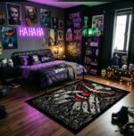 Joker Tattoo Art Area Rug - Gritty Smile & Knuckle Tattoo Design, Dark Horror Villain Decor for Bedroom, Gaming Room & Fan Lair - Image 3