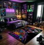 Joker Neon Typography Area Rug - Word Cloud Portrait Design, Cyberpunk Chaos Decor for Bedroom, Gaming Room & Fan Sanctuary - Image 3