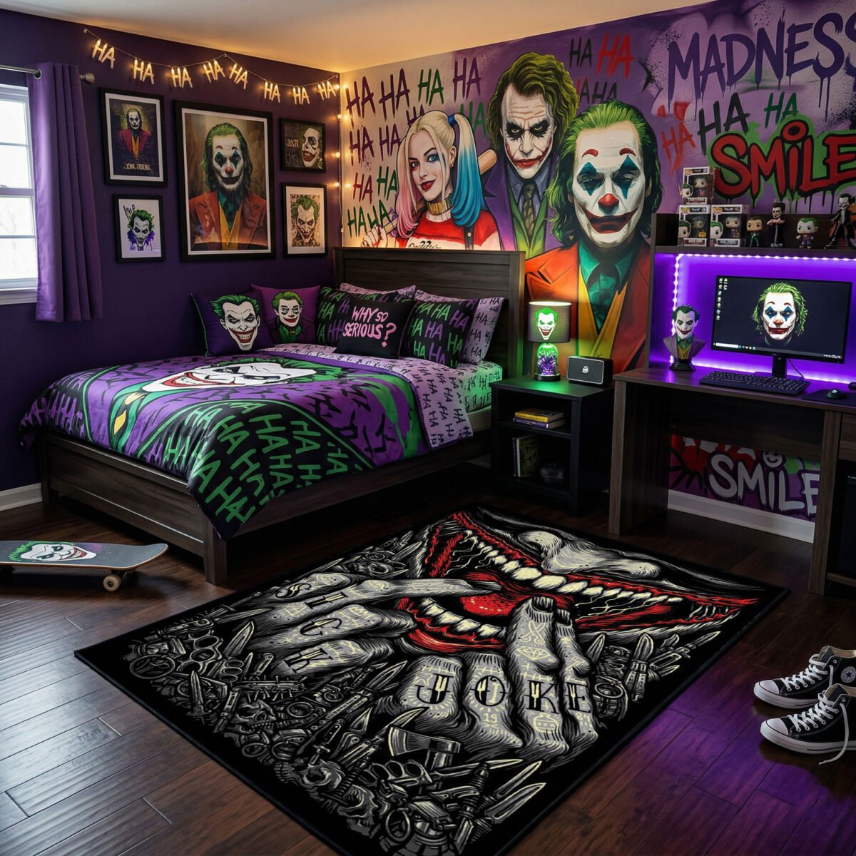 Joker Tattoo Art Area Rug - Gritty Smile & Knuckle Tattoo Design, Dark Horror Villain Decor for Bedroom, Gaming Room & Fan Lair - Image 2