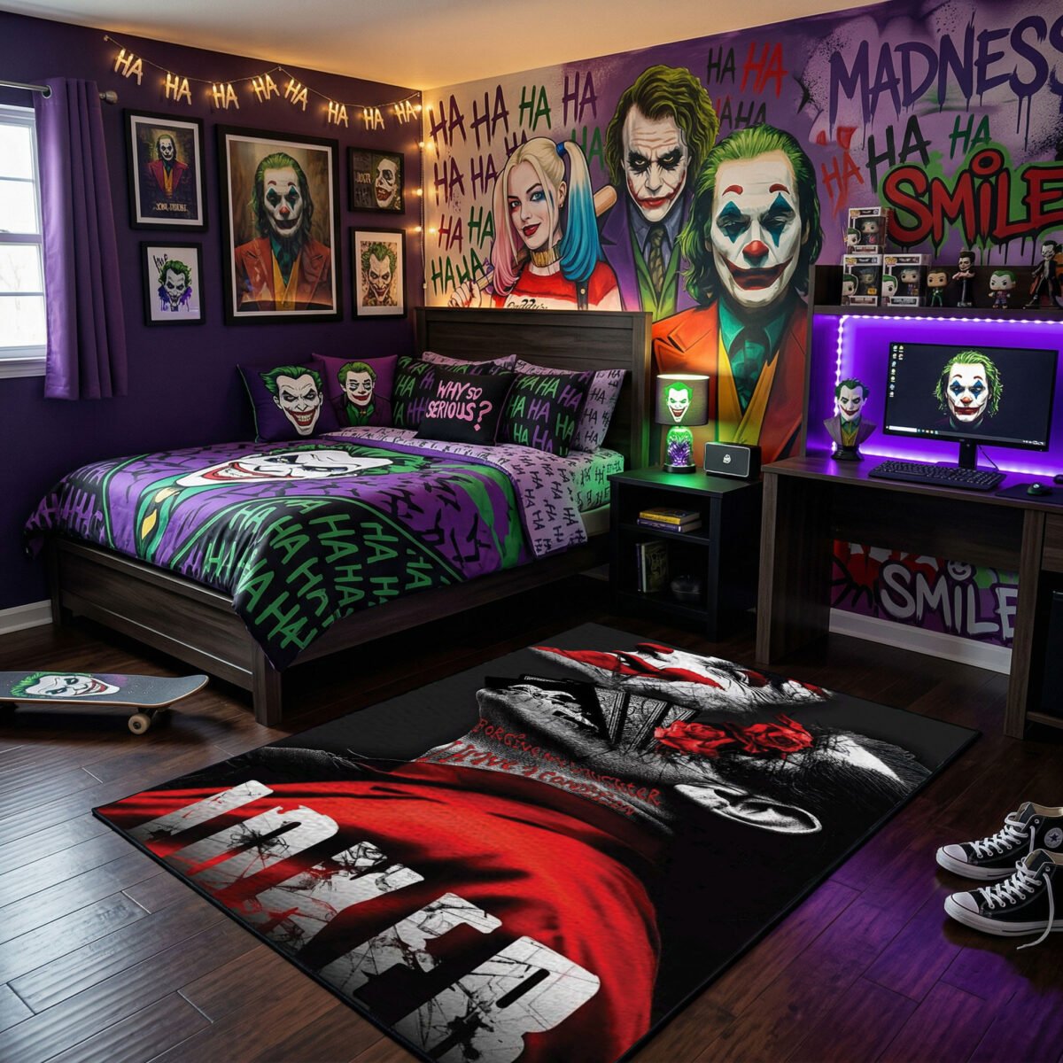 Joker Dark Noir Area Rug - Red Roses & Distressed Typography Design, Arthur Fleck Villain Decor for Bedroom, Office & Home Theater - Image 2