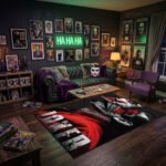 Joker Dark Noir Area Rug - Red Roses & Distressed Typography Design, Arthur Fleck Villain Decor for Bedroom, Office & Home Theater