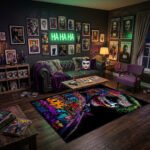 Joker Neon Typography Area Rug - Word Cloud Portrait Design, Cyberpunk Chaos Decor for Bedroom, Gaming Room & Fan Sanctuary