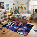 Mario Sonic Retro Gamer Rug - Super Mario Gaming Area Rug - Kids Game Room Carpet