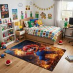 Super Mario Fire Power Rug - Mario Gaming Room Rug - Kids Mario Gamer Carpet