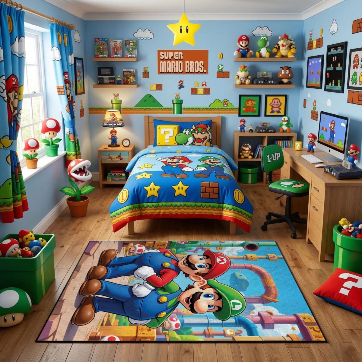 Super Mario Luigi Rug - Mario Bros Gaming Area Rug - Nintendo Gamer Room Carpet Decor - Image 2