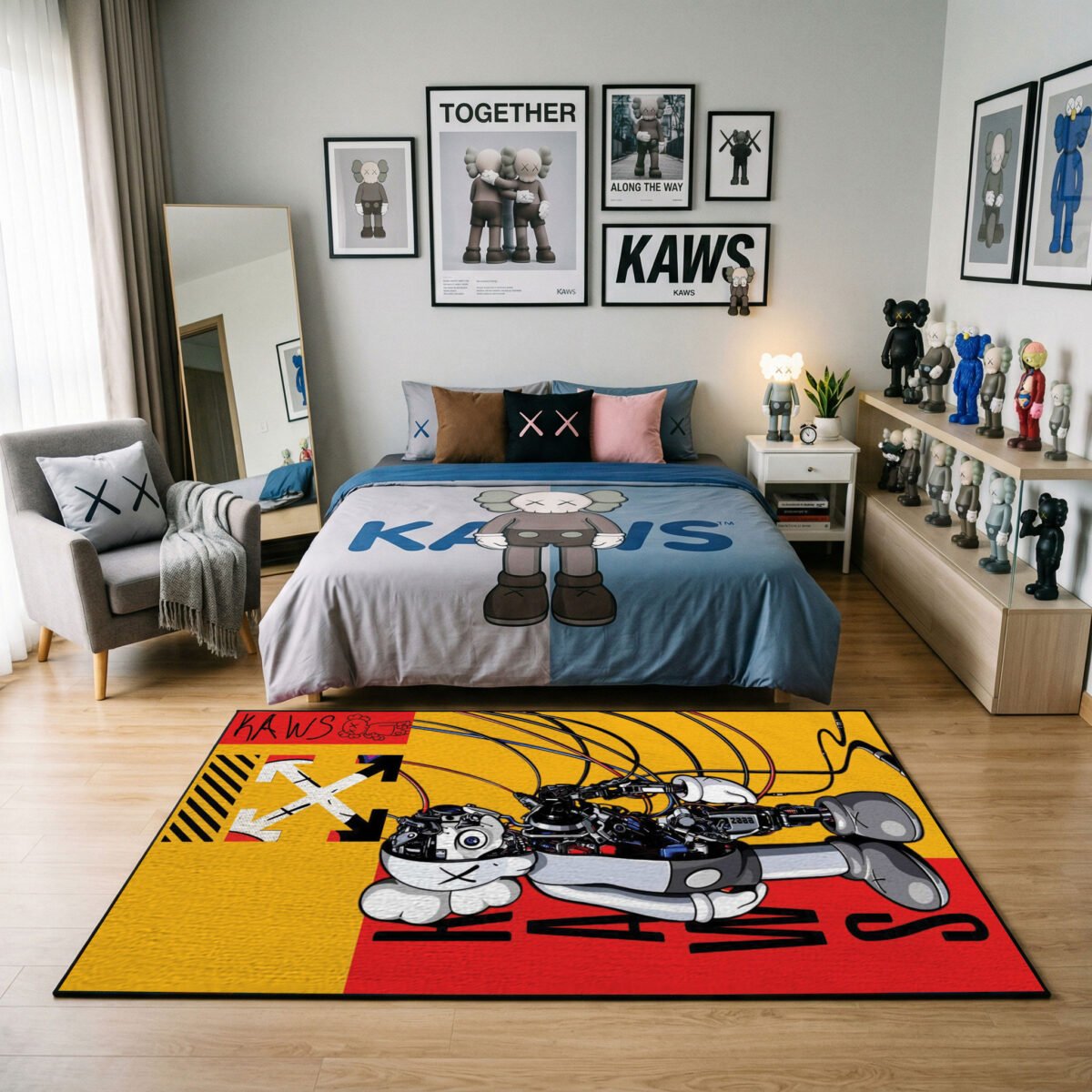 KAWS Robot Cyborg Area Rug - Dissected Character & X-Arrow Design, Hypebeast Yellow & Red Modern Decor for Collector Bedroom & Gaming Room - Image 3