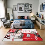 KAWS Red New 2088 Shipping Label Area Rug - Futuristic Street Art Design, Modern Bedroom & Gaming Sanctuary Floor Decor for Collectors - Image 3
