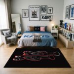 KAWS Minimalist Line Art Area Rug - Sleek Black with Red & White Outlines, Modern Hypebeast Bedroom & Gaming Sanctuary Floor Decor - Image 3