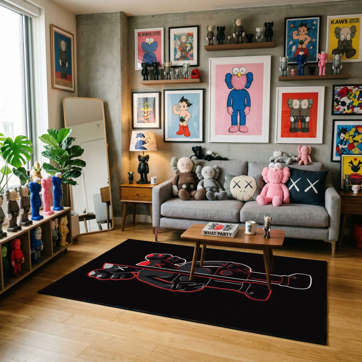 KAWS Minimalist Line Art Area Rug - Sleek Black with Red & White Outlines, Modern Hypebeast Bedroom & Gaming Sanctuary Floor Decor - Image 2