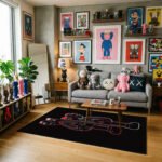 KAWS Minimalist Line Art Area Rug - Sleek Black with Red & White Outlines, Modern Hypebeast Bedroom & Gaming Sanctuary Floor Decor - Image 2