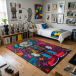 KAWS Hypebeast Luxury Monogram Area Rug - Graffiti Street Art Companion Design, Modern Bedroom & Collector Lair Floor Decor