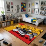 KAWS Robot Cyborg Area Rug - Dissected Character & X-Arrow Design, Hypebeast Yellow & Red Modern Decor for Collector Bedroom & Gaming Room