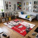 KAWS Red New 2088 Shipping Label Area Rug - Futuristic Street Art Design, Modern Bedroom & Gaming Sanctuary Floor Decor for Collectors