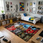 KAWS Hypebeast Mashup Area Rug - Supreme & Designer Monogram Pattern Design, Modern Street Art Floor Mat for Collector's Bedroom & Gaming Lair