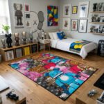 KAWS Hypebeast Pattern Mashup Area Rug - Vibrant Leopard, Tiger & Designer Street Art Design, Modern Bedroom & Collector Room Floor Mat