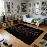 KAWS Minimalist Line Art Area Rug - Sleek Black with Red & White Outlines, Modern Hypebeast Bedroom & Gaming Sanctuary Floor Decor