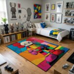 KAWS Geometric Checkered Multi-Color Area Rug - Vibrant Stained Glass Companion Design, Modern Bedroom & Art Collector Room Decor