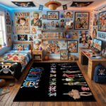 One Piece Straw Hat Crew Area Rug - Full Character Lineup & Individual Jolly Roger Logos, Anime Fan Room Decor, Soft Non-Slip Floor Mat