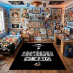 One Piece Minimalist Luffy Silhouette Area Rug - Monochrome Crew Member Panels & Thousand Sunny Design, Modern Anime Bedroom & Gaming Decor