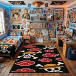 One Piece x Naruto Akatsuki Crossover Area Rug - Straw Hat Jolly Roger & Red Cloud Pattern, Modern Anime Bedroom & Gaming Room Floor Decor