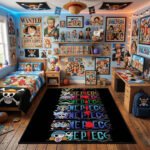 One Piece Stacked Multi-Color Logo Area Rug - Straw Hat Crew Member Jolly Roger Design, Modern Anime Bedroom & Gaming Decor, Non-Slip Mat
