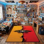 One Piece 3D Tattered Tear Area Rug - Iconic Straw Hat Jolly Roger Design, Vibrant Red & Yellow Anime Bedroom & Gaming Room Floor Decor