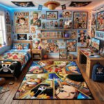 One Piece Repeating Jolly Roger Area Rug - All-Over Straw Hat Pirate Logo Pattern, Anime Bedroom & Gaming Room Decor, Soft Non-Slip Floor Mat