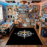 One Piece Compass Jolly Roger Area Rug - Nautical Straw Hat Pirate Logo Design, Sleek Black Bedroom & Gaming Room Decor for Anime Fans