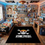 One Piece Official Logo & Straw Hat Jolly Roger Area Rug - Classic Anime Pirate Design, Sleek Black Bedroom & Gaming Room Decor for Fans