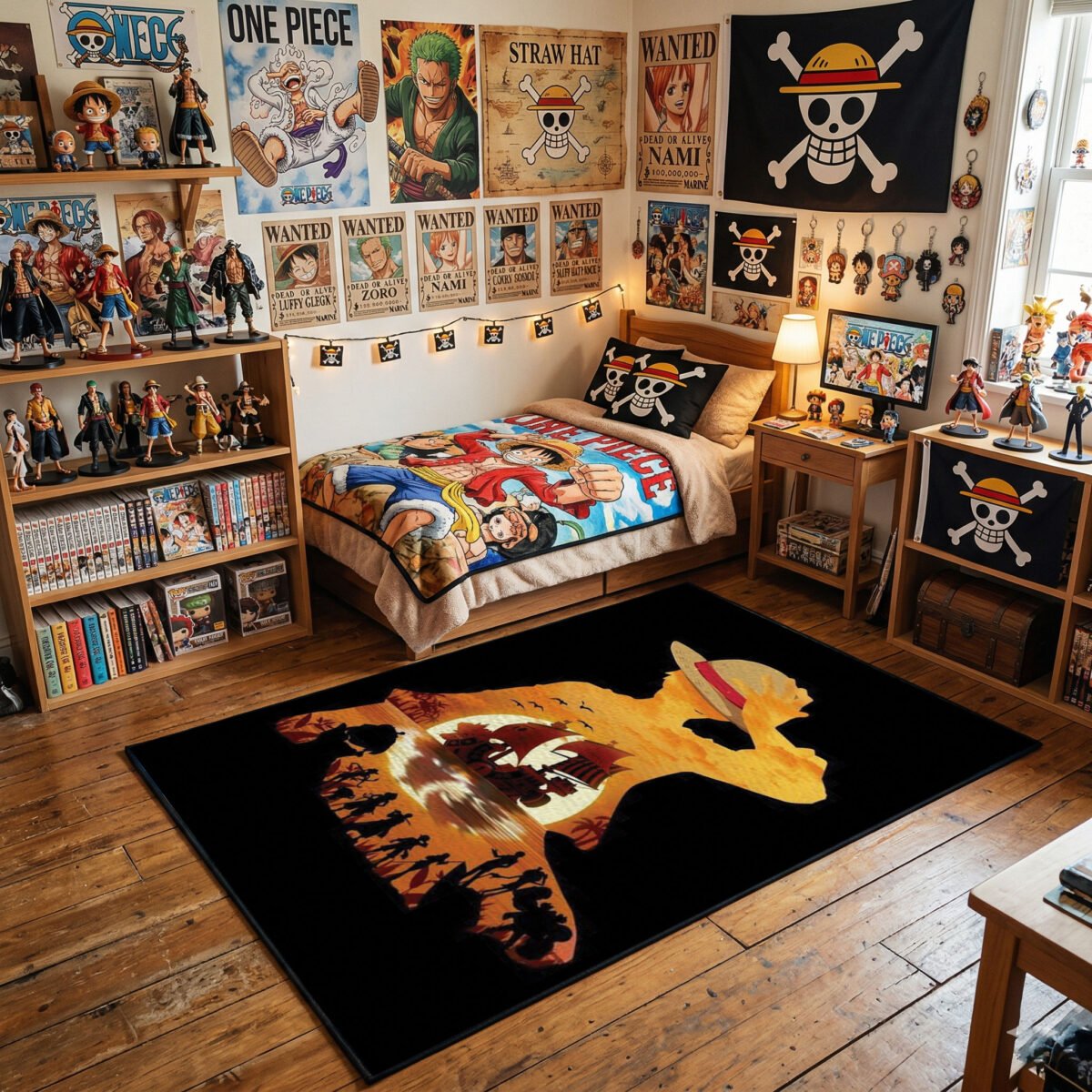 One Piece Luffy Silhouette "Journey" Area Rug - Golden Sunset Crew & Thousand Sunny Design, Modern Anime Bedroom & Gaming Room Floor Decor - Image 3