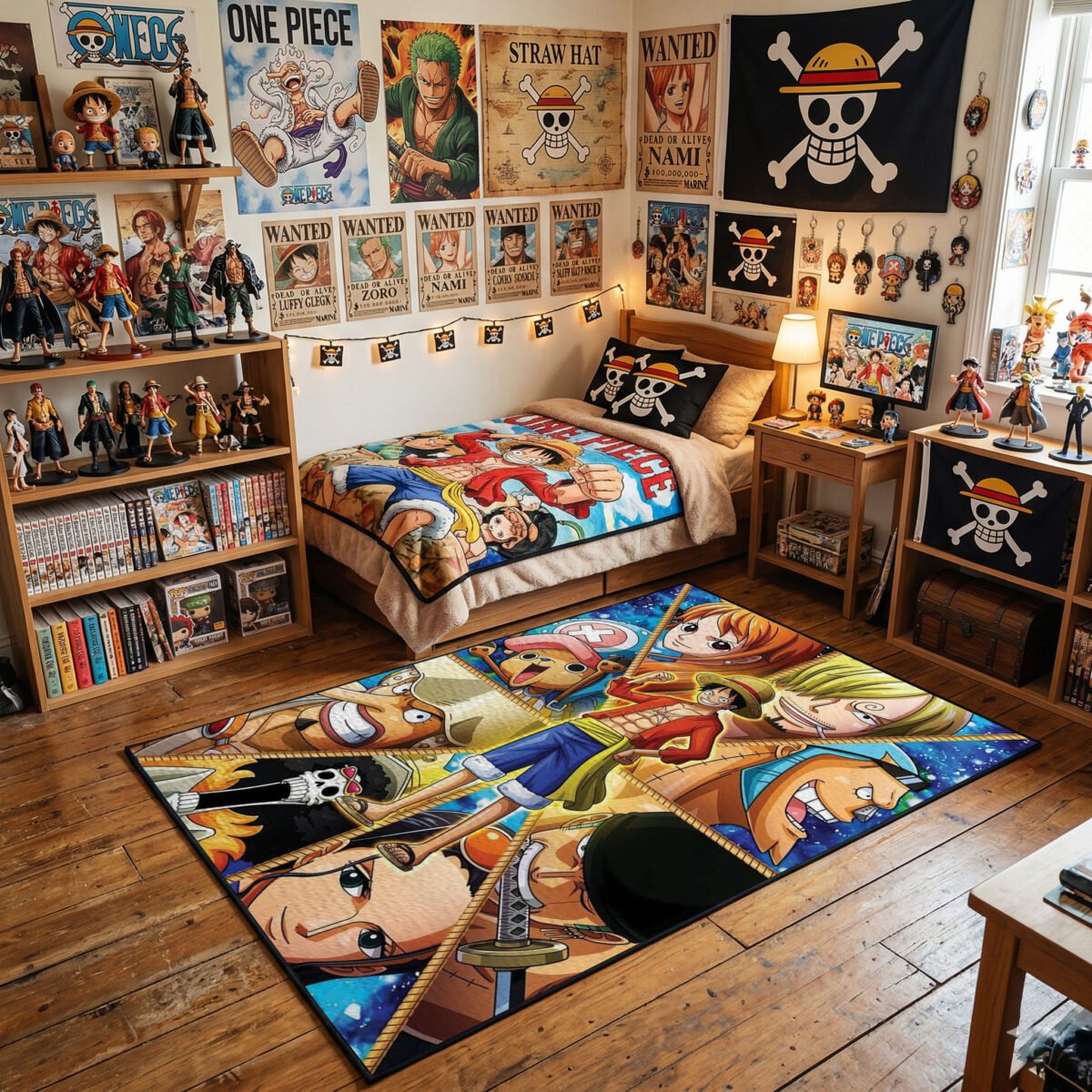 One Piece Repeating Jolly Roger Area Rug - All-Over Straw Hat Pirate Logo Pattern, Anime Bedroom & Gaming Room Decor, Soft Non-Slip Floor Mat - Image 3