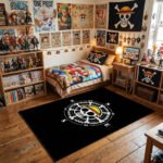 One Piece Compass Jolly Roger Area Rug - Nautical Straw Hat Pirate Logo Design, Sleek Black Bedroom & Gaming Room Decor for Anime Fans - Image 3