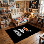 One Piece Official Logo & Straw Hat Jolly Roger Area Rug - Classic Anime Pirate Design, Sleek Black Bedroom & Gaming Room Decor for Fans - Image 3