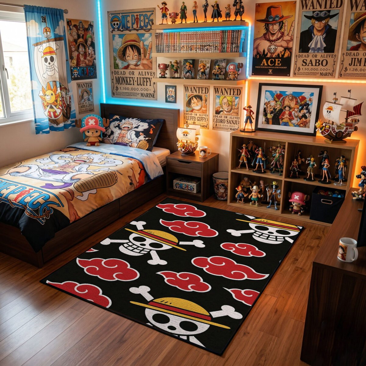 One Piece x Naruto Akatsuki Crossover Area Rug - Straw Hat Jolly Roger & Red Cloud Pattern, Modern Anime Bedroom & Gaming Room Floor Decor - Image 2