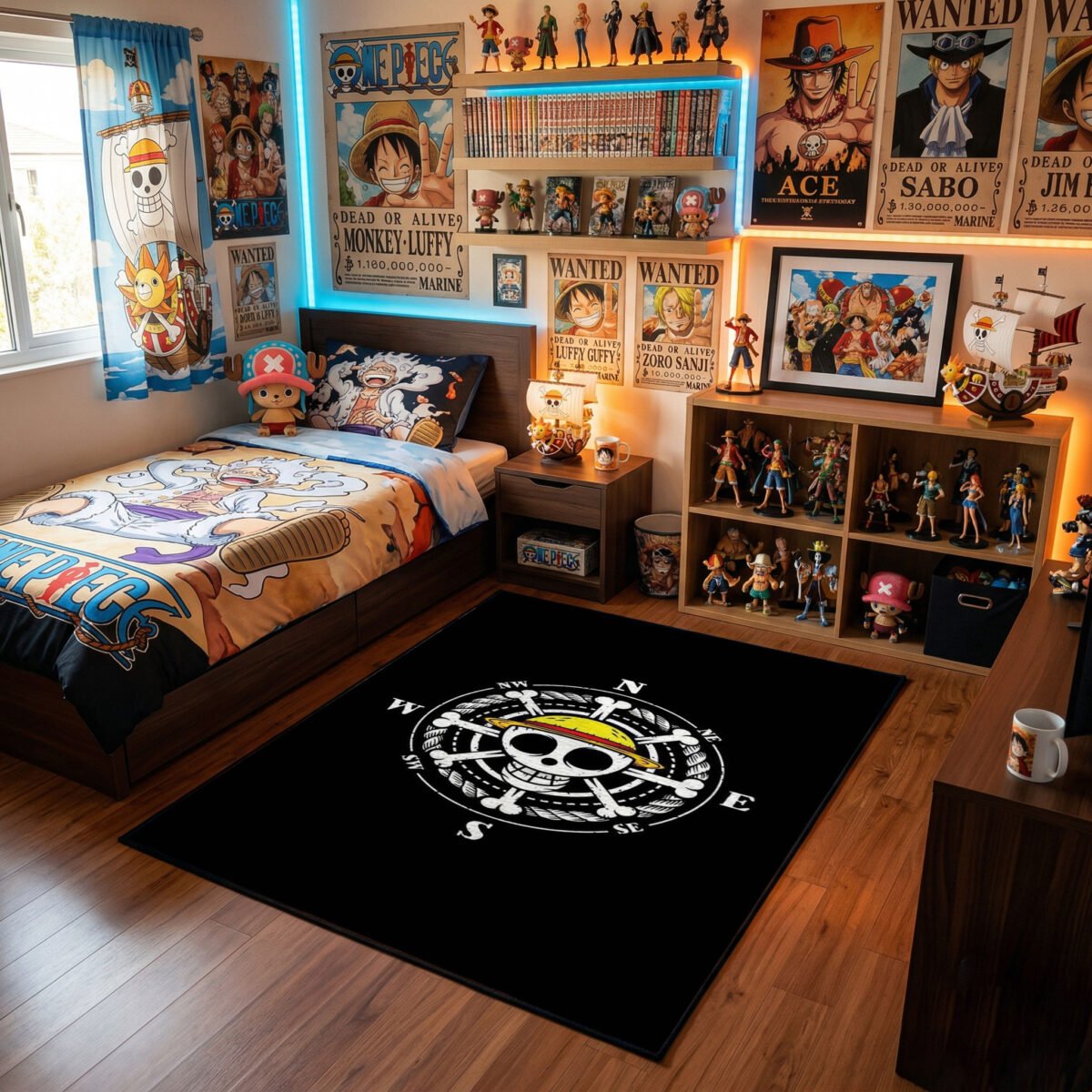 One Piece Compass Jolly Roger Area Rug - Nautical Straw Hat Pirate Logo Design, Sleek Black Bedroom & Gaming Room Decor for Anime Fans - Image 2