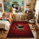 Kung Fu Panda Po Heroic Master Area Rug - Majestic Cape Pose on Deep Red, Modern Kids Bedroom & Playroom Decor, Soft Non-Slip Floor Mat