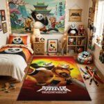 Kung Fu Panda The Dragon Knight Area Rug - Po & Wandering Blade Luthera Design, Modern Kids Bedroom & Playroom Decor, Soft Non-Slip Mat