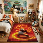 Kung Fu Panda Golden Dragon Warrior Area Rug - Po Chi Mastery Aura Design, Modern Kids Bedroom & Gaming Room Decor, Soft Non-Slip Floor Mat