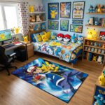 Pokémon Ash & Squad Industrial Area Rug - Diamond Plate Texture Design, Pikachu & Legendary Friends, Modern Gaming Room Floor Decor - Image 3