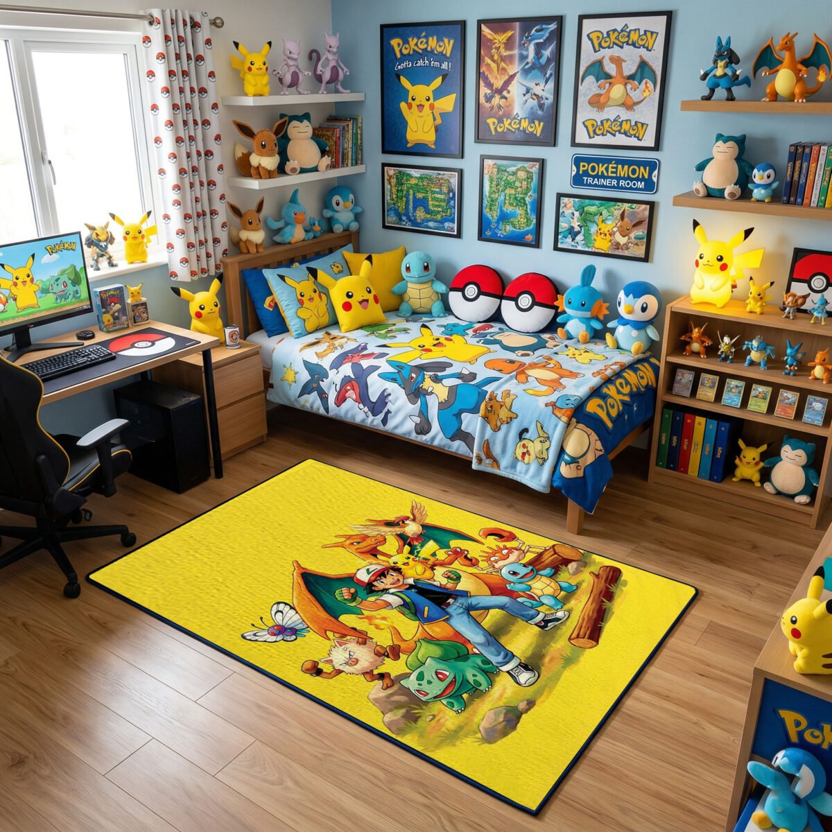 Pokémon Ash & Kanto Squad Area Rug - Classic Pikachu & Starters Design, Vibrant Yellow Bedroom & Gaming Room Decor, Soft Non-Slip Floor Mat - Image 3