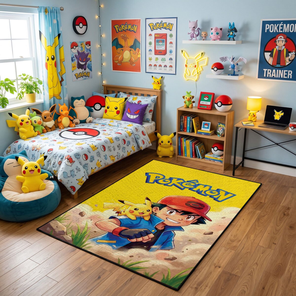 Pokémon Ash & Pikachu "Best Friends" Area Rug - Vibrant Yellow Portrait Design, Modern Anime Bedroom & Gaming Room Decor, Non-Slip Floor Mat - Image 2