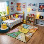 Pokémon Legendary Friends Mosaic Area Rug - Pikachu, Mew, Eevee & Kanto Starters Geometric Design, Modern Bedroom & Gaming Room Decor - Image 2