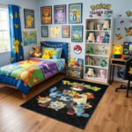 Pokémon Gotta Catch 'Em All Circular Rug - Pikachu Eevee Starters & Poké Ball Design, Modern Fan Cave & Gaming Room Floor Decor